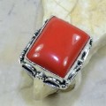 Handmade Antique Style Red Coral Gemstone .925  Sterling Silver Ring Size US 10 or T