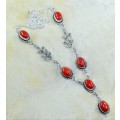 Handmade Rich Red Coral  with Leaf accent in the Chain Gemstone .925 Sterling Silver Necklace