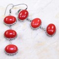 Stunning Red Coral Ovals Gemstones .925 Sterling Silver Long Earrings