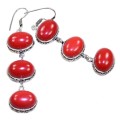 Stunning Red Coral Ovals Gemstones .925 Sterling Silver Long Earrings