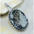 Handmade Antique Style Black Rutile Quartz Oval Gemstone 925 Sterling Silver Pendant