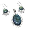 Antique Style Natural Luminescent Labradorite Gemstone  .925 Silver  Pendant and Earrings