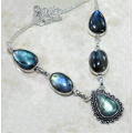 Natural Blue Fire Labradorite Gemstone 925 Silver Necklace