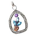 Israeli - Natural Blue Topaz, Amethyst and Citrine Solid .925  Sterling Silver Pendant