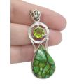 Natural Copper Green Turquoise and Peridot Pendant in Solid 925  Sterling Silver