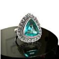 Indonesian -Bali 7.75 Cts Natural Swiss Blue Topaz Gemstone Solid .925 Silver Ring Size US 6.5 or  N