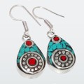 From Nepal-Handmade Natural Turquoise, Coral Gemstone Earrings