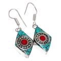 Handmade From Nepal Natural Red Coral Turquoise Gemstone Diamond Shape Tibetan Silver Earrings