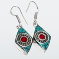 Handmade From Nepal Natural Red Coral Turquoise Gemstone Diamond Shape Tibetan Silver Earrings