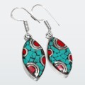 Handmade From Nepal Natural Turquoise Red Coral Gemstone Marquise Shape Tibetan Silver Earrings