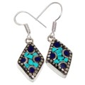 Handmade From Nepal Natural Lapis Lazuli Turquoise Gemstone Diamond Shape Tibetan Silver Earrings