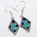 Handmade From Nepal Natural Lapis Lazuli Turquoise Gemstone Diamond Shape Tibetan Silver Earrings