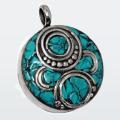 Handmade from Nepal Natural Turquoise, Coral Gemstone Round Pendant