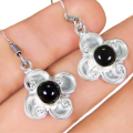 Black Onyx Gemstone Oval Cabochon and .925 Silver Dangle Drop Earrings
