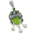 Eye catching Natural Biwa Pearl, Peridot, Carved Face Agate Gemstone 925 Sterling Silver Pendant