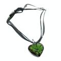 Handmade Green Floral Murano Glass Heart Pendant on Black Organza and Chord Necklace