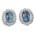 Natural Unheated Aquamarine Oval and White CZ Gemstone Solid .925 Sterling Silver Stud Earrings