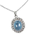 Deluxe Natural Unheated Aquamarine Oval and White CZ Gemstone Solid .925 Sterling Silver Necklace