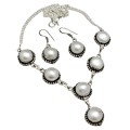 Handmade Antique Style Creamy White River Pearl. 925 Sterling Silver Necklace and Earrings Set