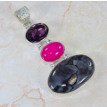 Natural Indigo Gabrro, Botswana Agate and Purple Amethyst Gemstone .925 Sterling Silver Pendant