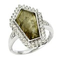Rare Deluxe Natural Unheated Labradorite AAA White CZ Solid .925 Silver 14K White Gold Ring Size US