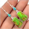 Natural Mohave Green Turquoise, Fire Opal Earrings Solid .925 Sterling Silver