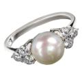Natural 8 mm White Pearl,  Diamond Cut CZ Solid .925 Sterling Silver Size 6 or M
