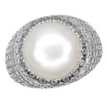 Deluxe Natural Creamy White Pearl and White Cubic Zirconia Solid .925 Sterling Silver Size 7.5 or P