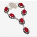 Handmade Vibrant Red Coral Oval Gemstone .925 Sterling Silver Antique Style Necklace