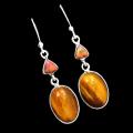 Natural Tigers Eye and Orange Fire Opal Gemstones in  Solid .925 Silver Earrings