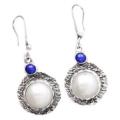 Israeli - Natural White Pearl, Lapis Lazuli Gemstone Solid .925  Sterling Silver Earrings