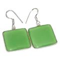 Eye-catching Natural Green Chalcedony Square Gemstone .925 Silver Earrings