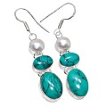 Handmade Spiderweb Matrix Turquoise and White River Pearl Gemstone . 925 Silver Earrings