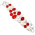 Handmade Bright Red Coral, White Pearl Gemstone .925 Silver Bracelet