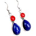 Gorgeous Lapis Lazuli and Red Coral Solid .925 Sterling Silver Earrings