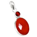 Vibrant Oval Red Coral, Garnet Gemstone .925 Silver Pendant