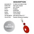 Vibrant Oval Red Coral, Garnet Gemstone .925 Silver Pendant