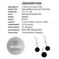 Natural Round Black Onyx, White Pearl .925 Silver Pendant & Earrings Set