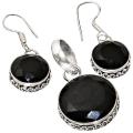 Handmade Dainty Natural Round Black Onyx .925 Silver Pendant & Earrings Set