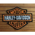 Harley Davidson badge patch in black, orange and white