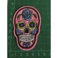 BDG Sugar Skull day of dead patch bright Pink with blue rose 7.5cm x 5.5cm