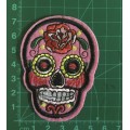 BDG Sugar Skull day of dead patch bright Pink with red rose 7.5cm x 5.5cm