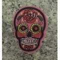 BDG Sugar Skull day of dead patch bright Pink with red rose 7.5cm x 5.5cm