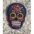 BDG Sugar Skull day of dead patch blue navy with red rose 7.5cm x 5.5cm