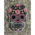 BDG315 Sugar skull badge patch in pink on black