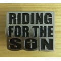 Riding for the Son metal badge pin sturdy screw backside