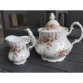 Royal Albert Bone China England  Moss Rose Teapot PLUS sugar basin and creamer / milk jug