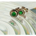 VINTAGE STUDS WITH GREEN STONE. STERLING SILVER. UNUSED