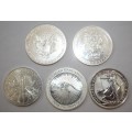 x5 Various 1oz Fine Silver Coins **Bid per Coin to Take All**