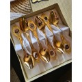 Boxed Eetrite Set of Six 24 Carat Gold Plated Stainless Steel Cake Spoons Porcelain Inset